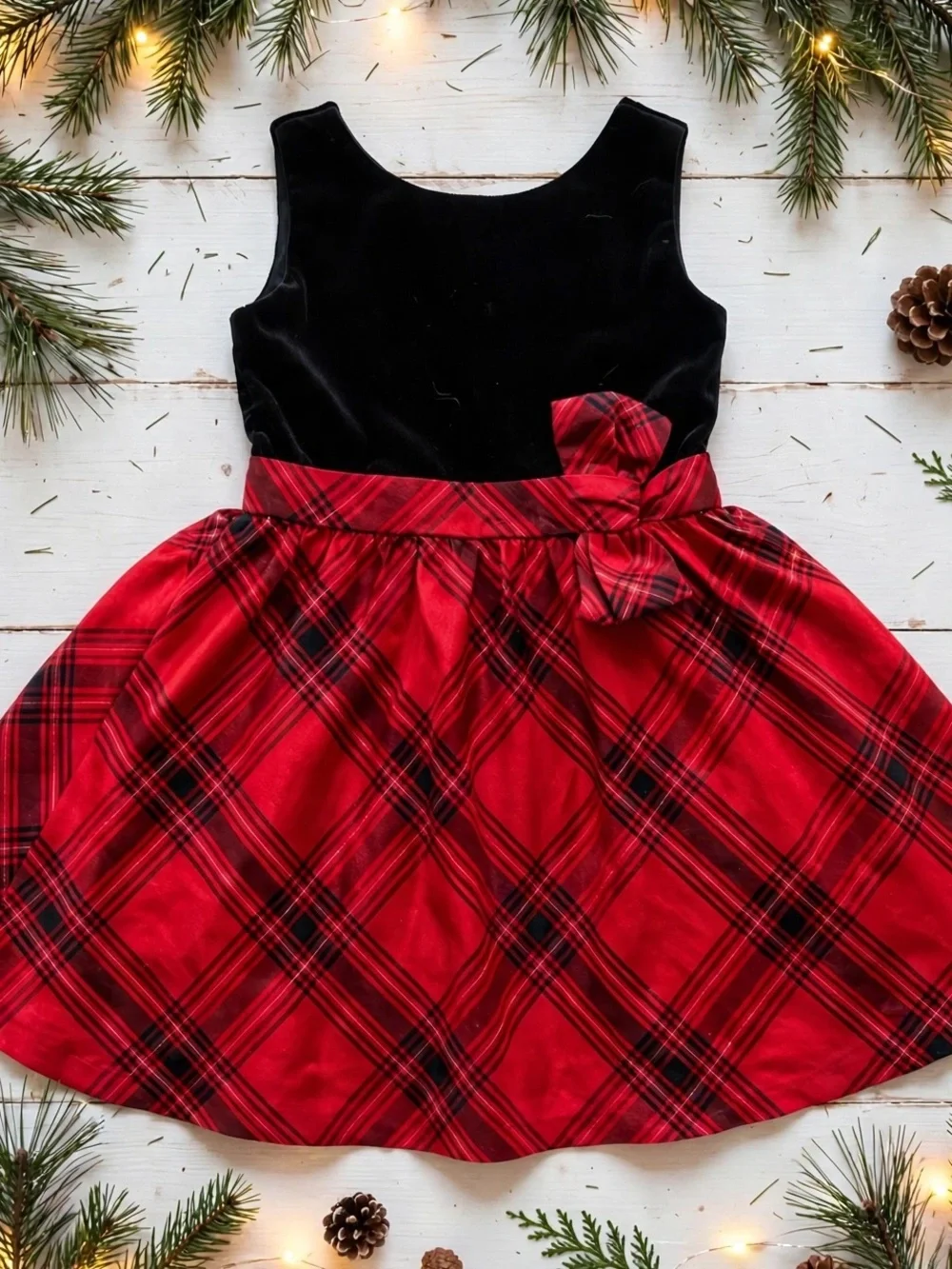 Gymboree Dressed Up Sz 5 Black Velvet Red Plaid Christmas Party Dress Bow lined